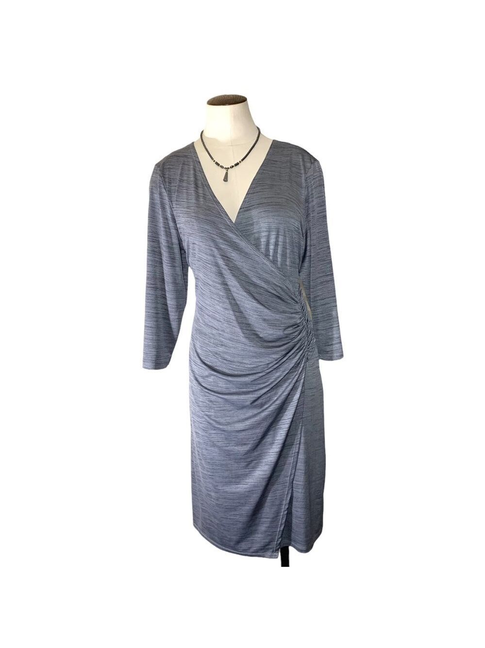 Notations Gray Midi Dress Rushed Faux Rap Deep V Neckline Sz XL P
